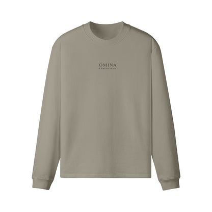 Omina Essentials heavyweight taupe long sleeve t-shirt with crew neck, drop shoulders, and minimalist logo branding.