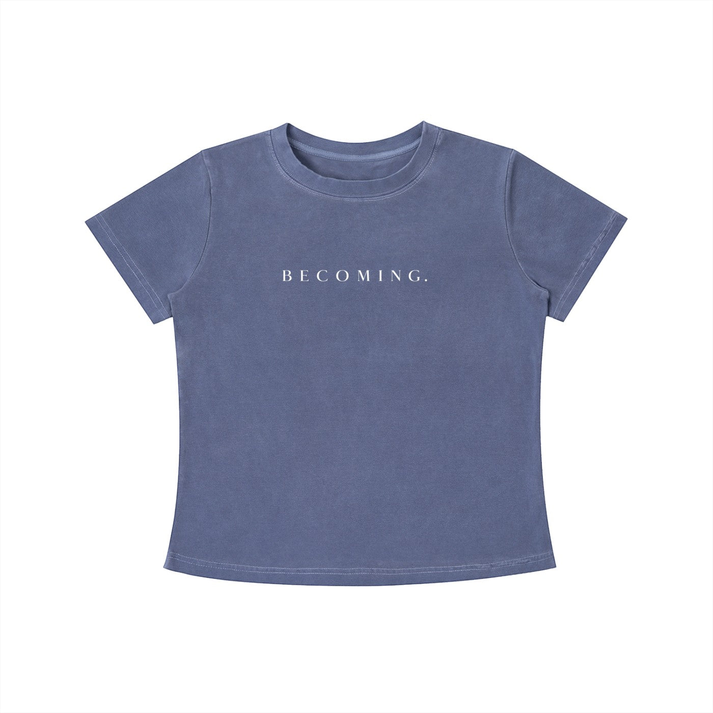 OMINA Essentials dusty blue cotton t-shirt with 'BECOMING.' text in white, vintage wash, slim fit