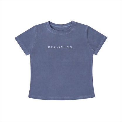OMINA Essentials dusty blue cotton t-shirt with 'BECOMING.' text in white, vintage wash, slim fit