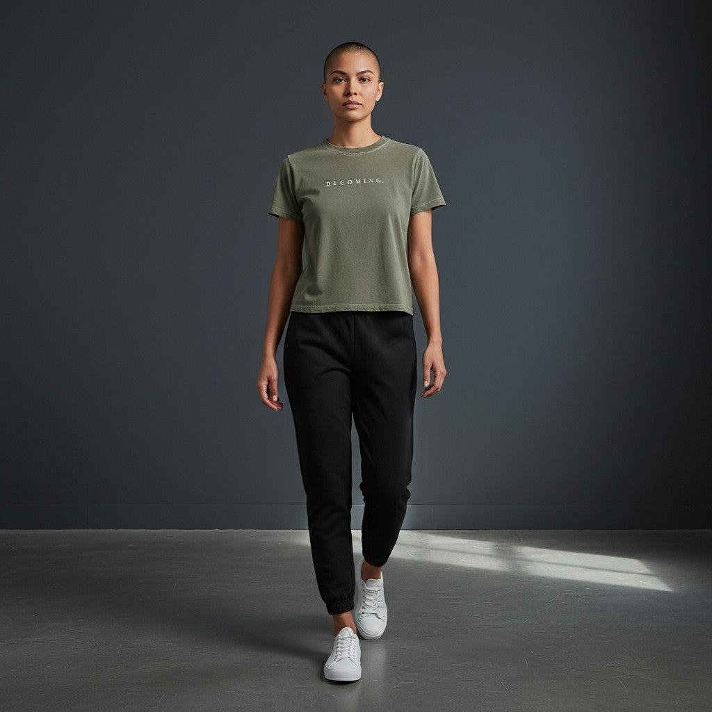OMINA Essentials olive green cotton t-shirt with "BECOMING." printed in white, vintage wash, slim fit.