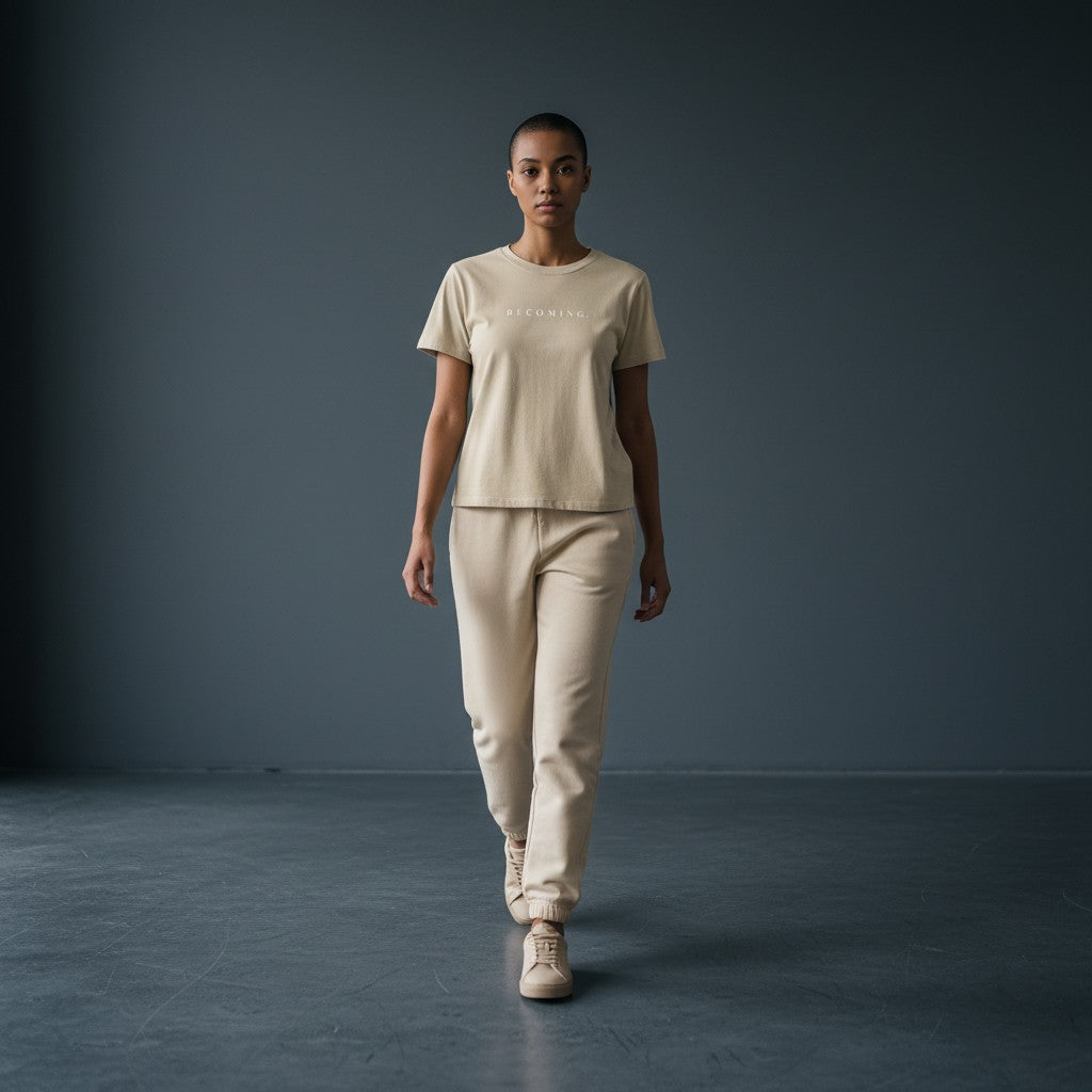 OMINA Essentials beige cotton t-shirt with 'BECOMING.' printed in white. Vintage wash, slim fit.
