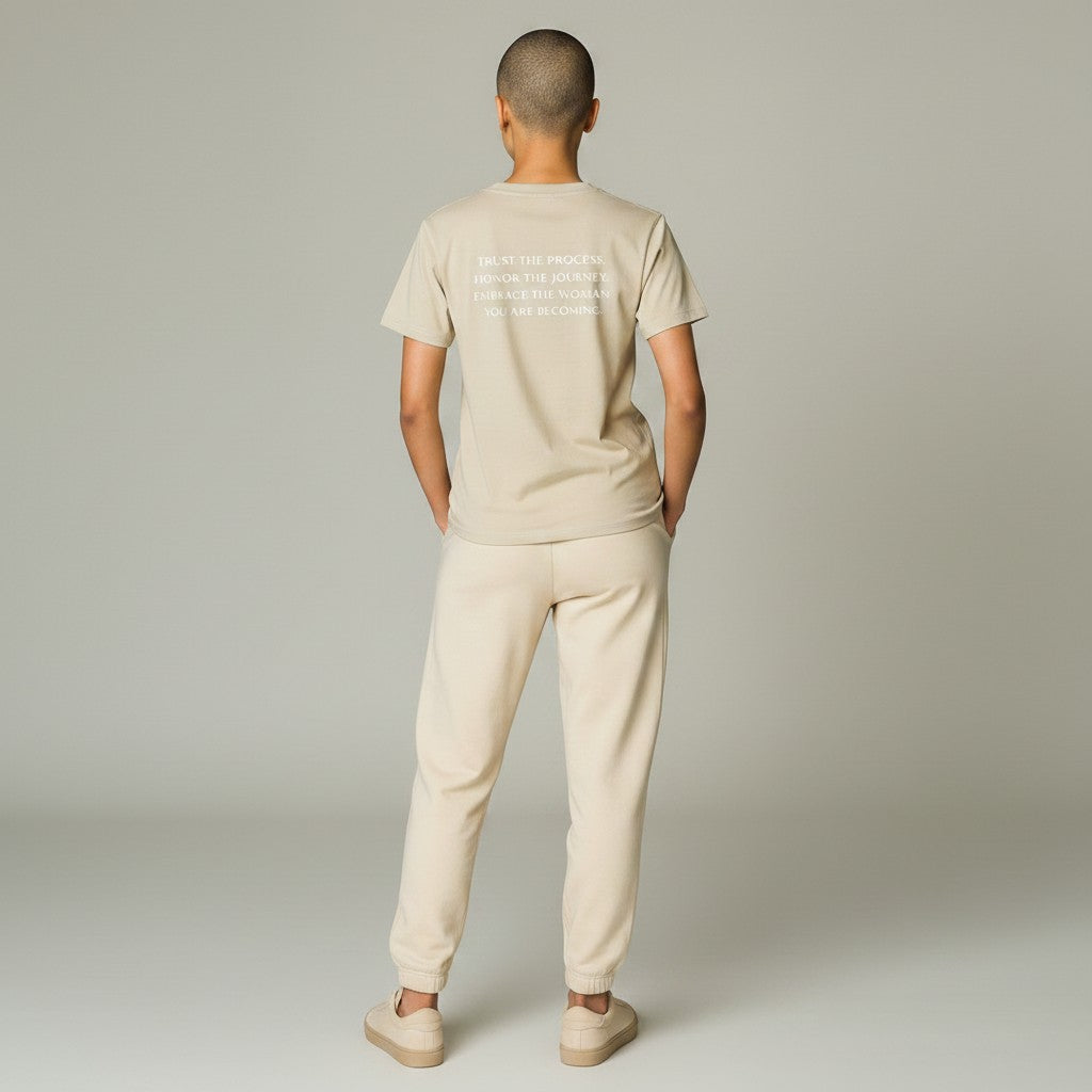 OMINA Essentials beige cotton t-shirt with vintage wash and white text reading "TRUST THE PROCESS. HONOR THE JOURNEY. EMBRACE THE WOMAN YOU ARE BECOMING."