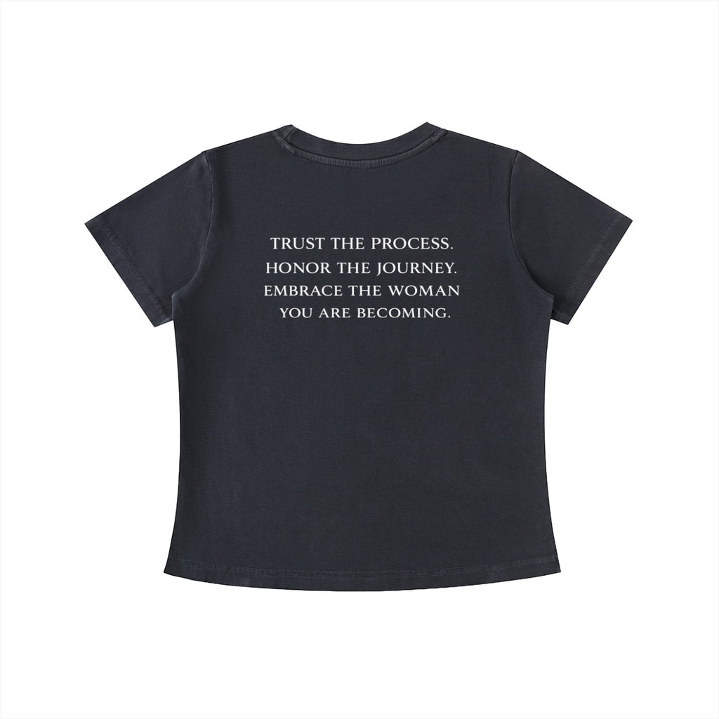 OMINA Essentials dark grey cotton t-shirt with vintage wash and motivational text "Trust the Process. Honor the Journey. Embrace the Woman You Are Becoming."