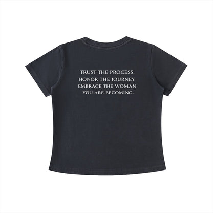 OMINA Essentials dark grey cotton t-shirt with vintage wash and motivational text "Trust the Process. Honor the Journey. Embrace the Woman You Are Becoming."