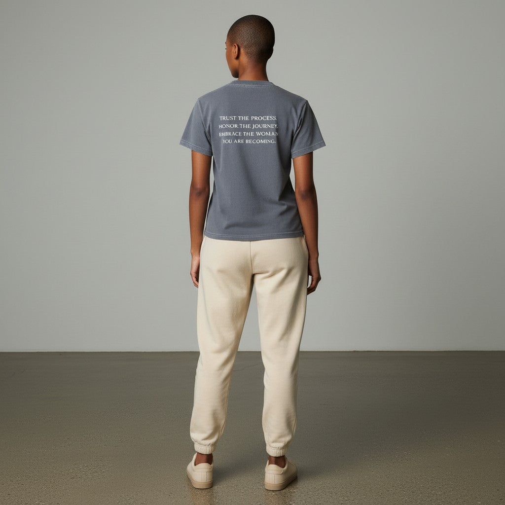OMINA Essentials grey cotton t-shirt with vintage wash and inspirational text on back.
