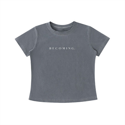 OMINA Essentials grey cotton t-shirt with 'BECOMING.' text in white, vintage wash, slim fit.