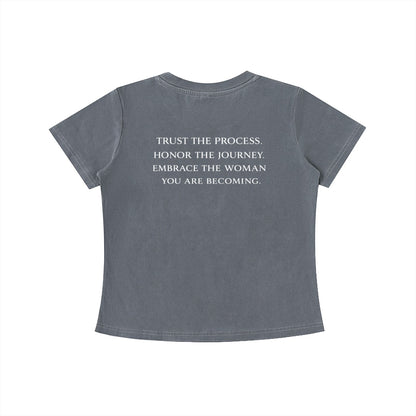 OMINA Essentials grey cotton t-shirt with vintage wash and inspirational text on back.