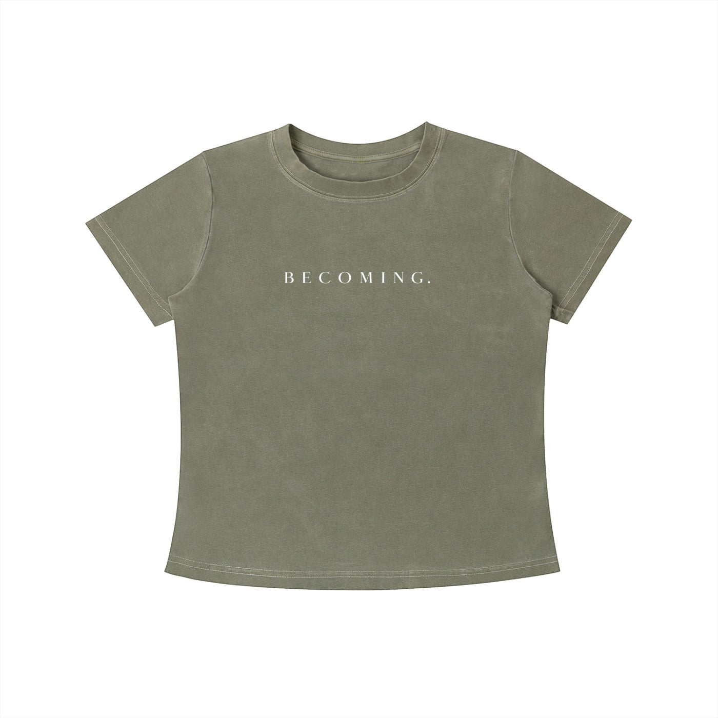 OMINA Essentials olive green cotton t-shirt with "BECOMING." printed in white. Vintage wash, slim fit.