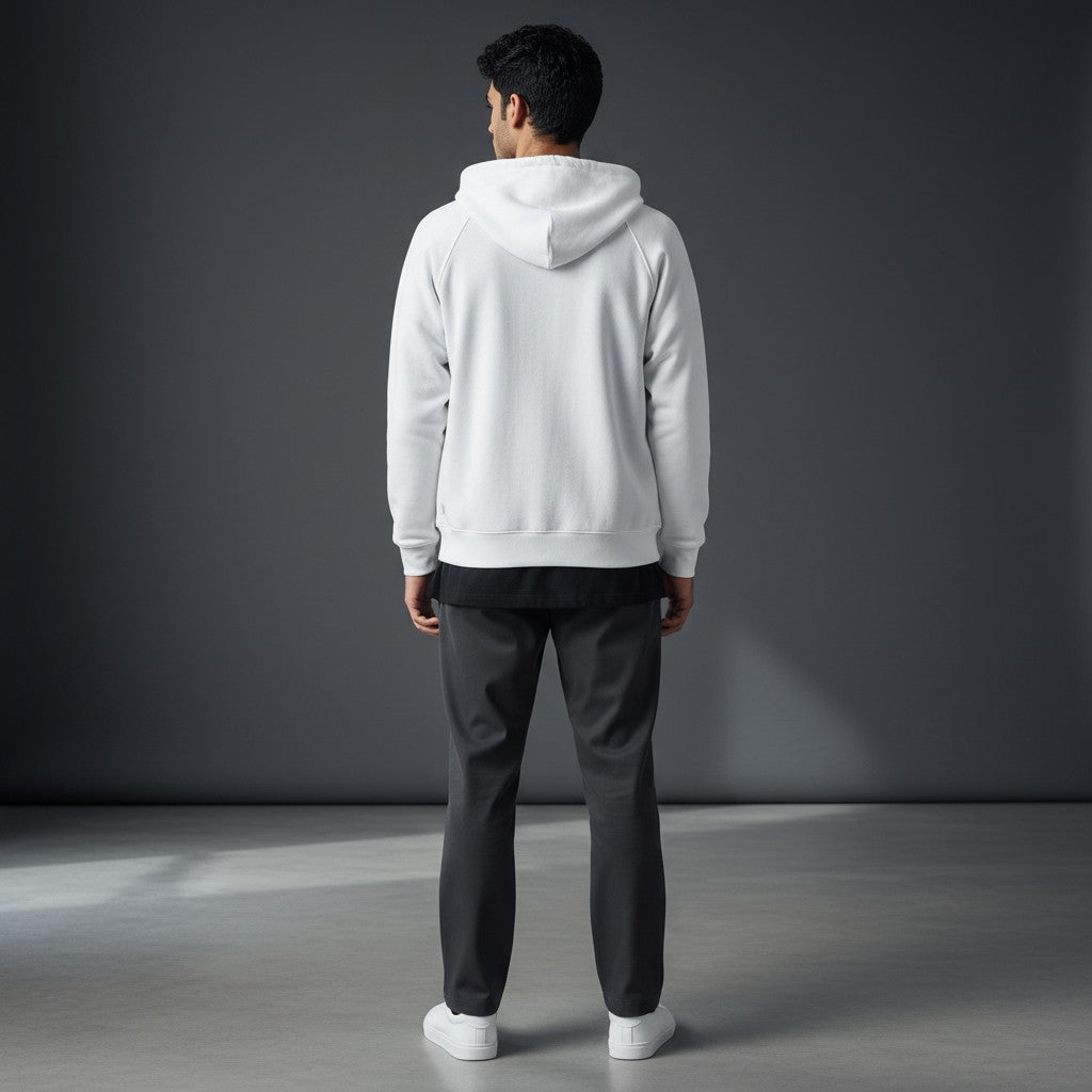 Omina Essentials white full-zip hoodie made from heavyweight combed cotton with a brushed interior and kangaroo pocket.