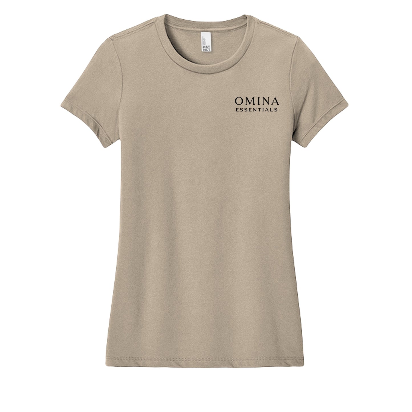 Omina Essentials women's soft taupe short-sleeve tee with minimalist logo on chest. Lightweight, breathable fabric.