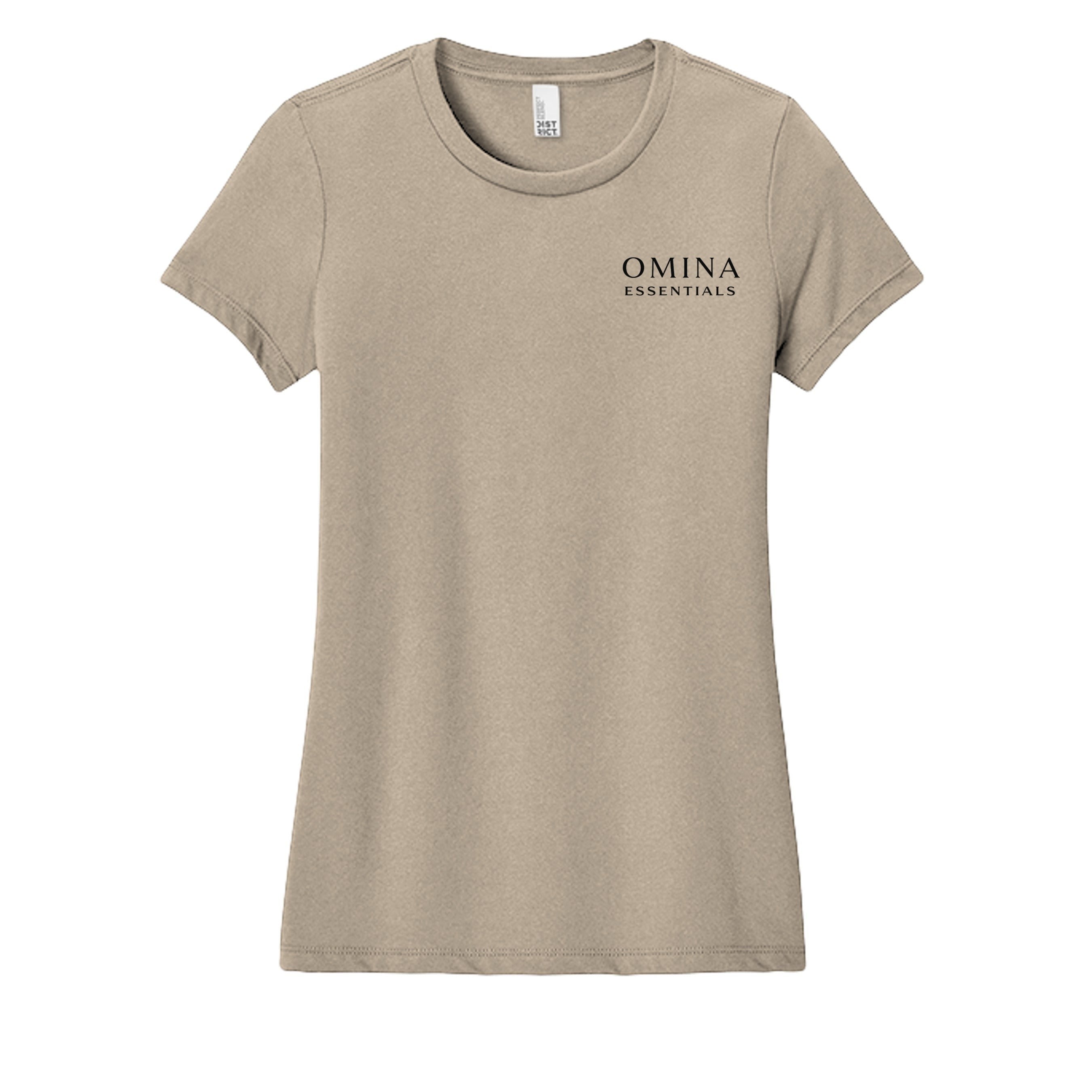Omina Essentials women's soft taupe short-sleeve tee with minimalist logo on chest. Lightweight, breathable fabric.