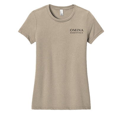 Omina Essentials women's soft taupe short-sleeve tee with minimalist logo on chest. Lightweight, breathable fabric.
