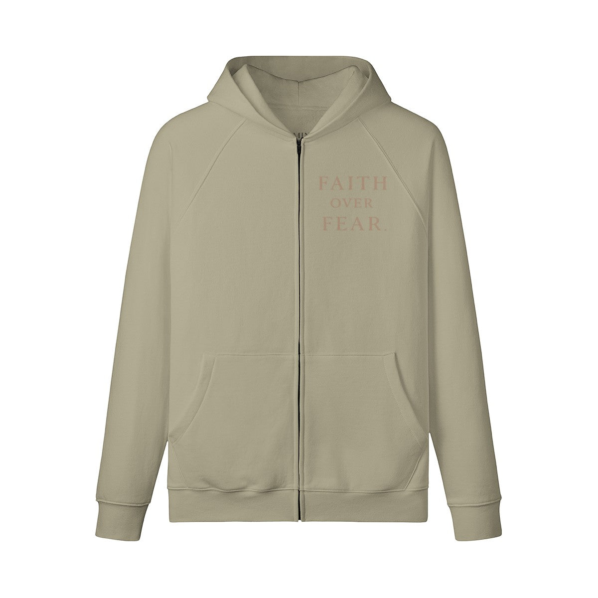 Omina Faith Over Fear heavyweight cotton zip hoodie in beige with raglan sleeves and front kangaroo pockets