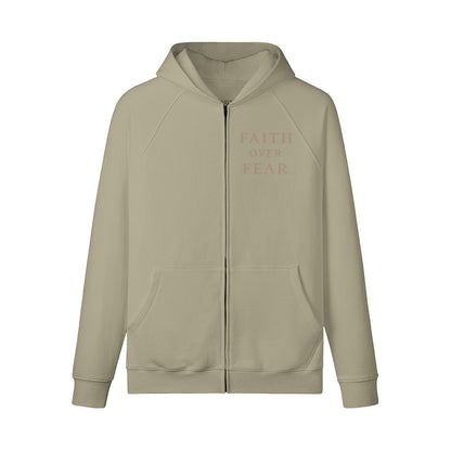 Omina Faith Over Fear heavyweight cotton zip hoodie in beige with raglan sleeves and front kangaroo pockets