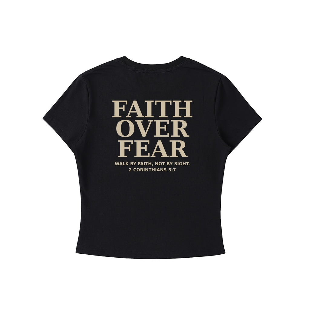 Omina black cotton blend crewneck t-shirt with "Faith Over Fear" graphic on back. Fitted, cropped silhouette.