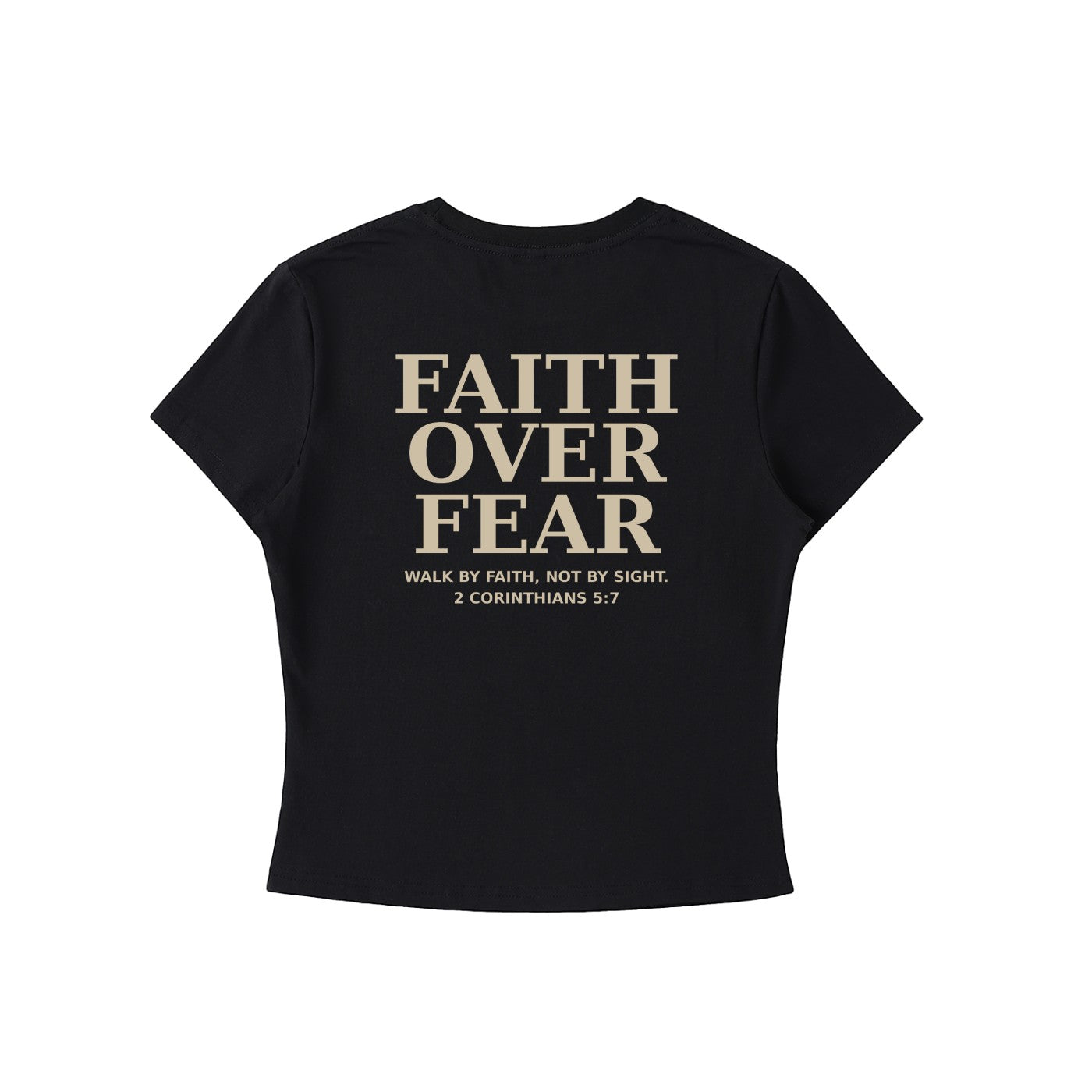 Omina black cotton blend crewneck t-shirt with "Faith Over Fear" graphic on back. Fitted, cropped silhouette.