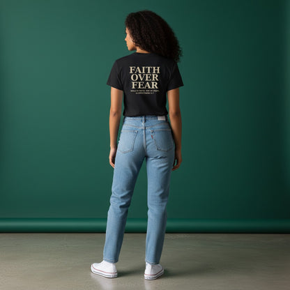 Omina black cotton-spandex crewneck t-shirt with "Faith Over Fear" graphic and Bible verse 2 Corinthians 5:7.
