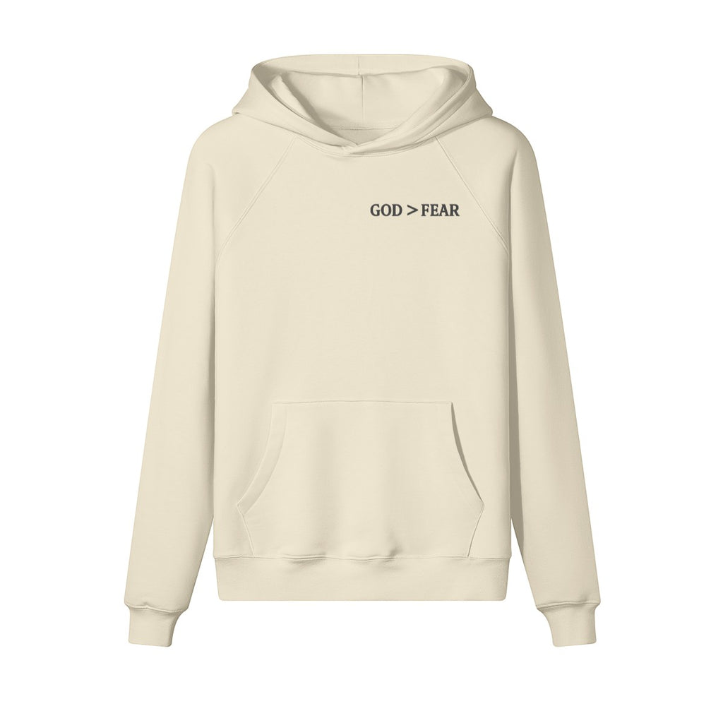 Omina Studio cream heavyweight cotton pullover hoodie with "GOD > FEAR" graphic and front kangaroo pocket.