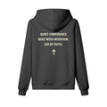 Omina Studio dark grey heavyweight cotton pullover hoodie with "Quiet Confidence. Built With Intention. Led By Faith." text and a cross graphic.