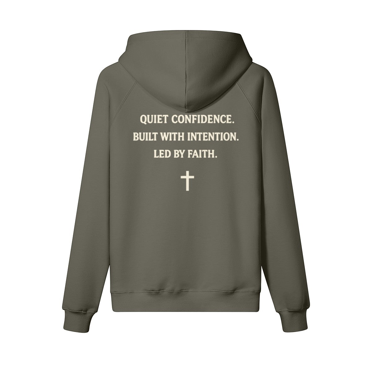 Omina Studio grey heavyweight cotton pullover hoodie with "Quiet Confidence. Built With Intention. Led By Faith." text and a cross graphic.