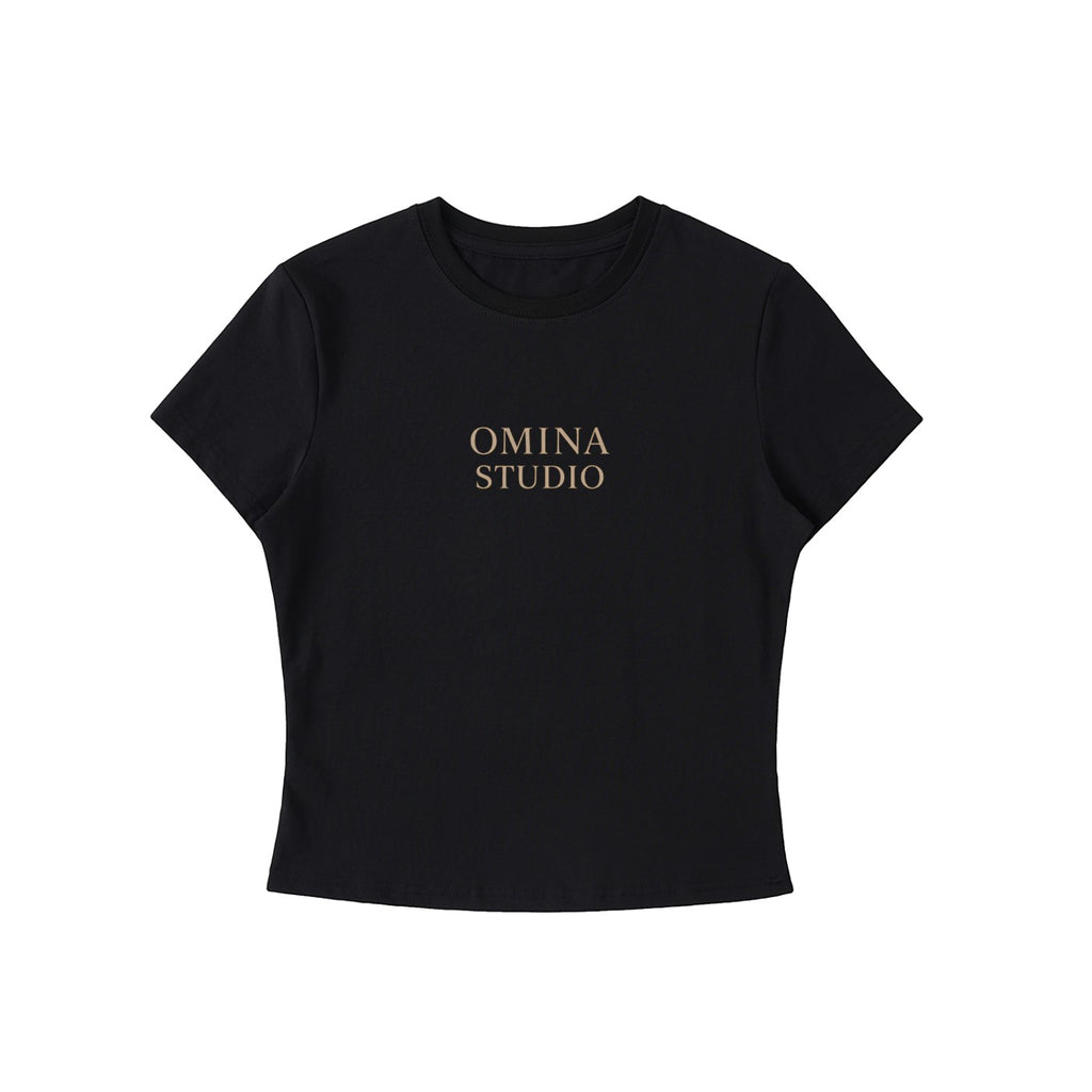 Omina Studio black cotton blend crewneck t-shirt with "Faith Over Fear" graphic concept. Cropped bodycon fit.