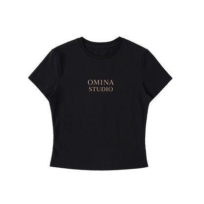 Omina Studio black cotton blend crewneck t-shirt with "Faith Over Fear" graphic concept. Cropped bodycon fit.