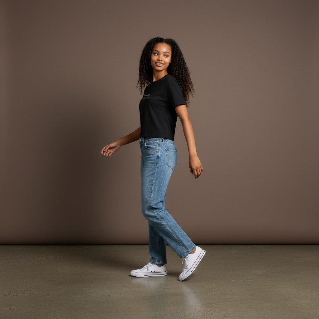 Omina Studio black cotton blend crewneck t-shirt with "Faith Over Fear" graphic concept. Fitted, cropped silhouette.
