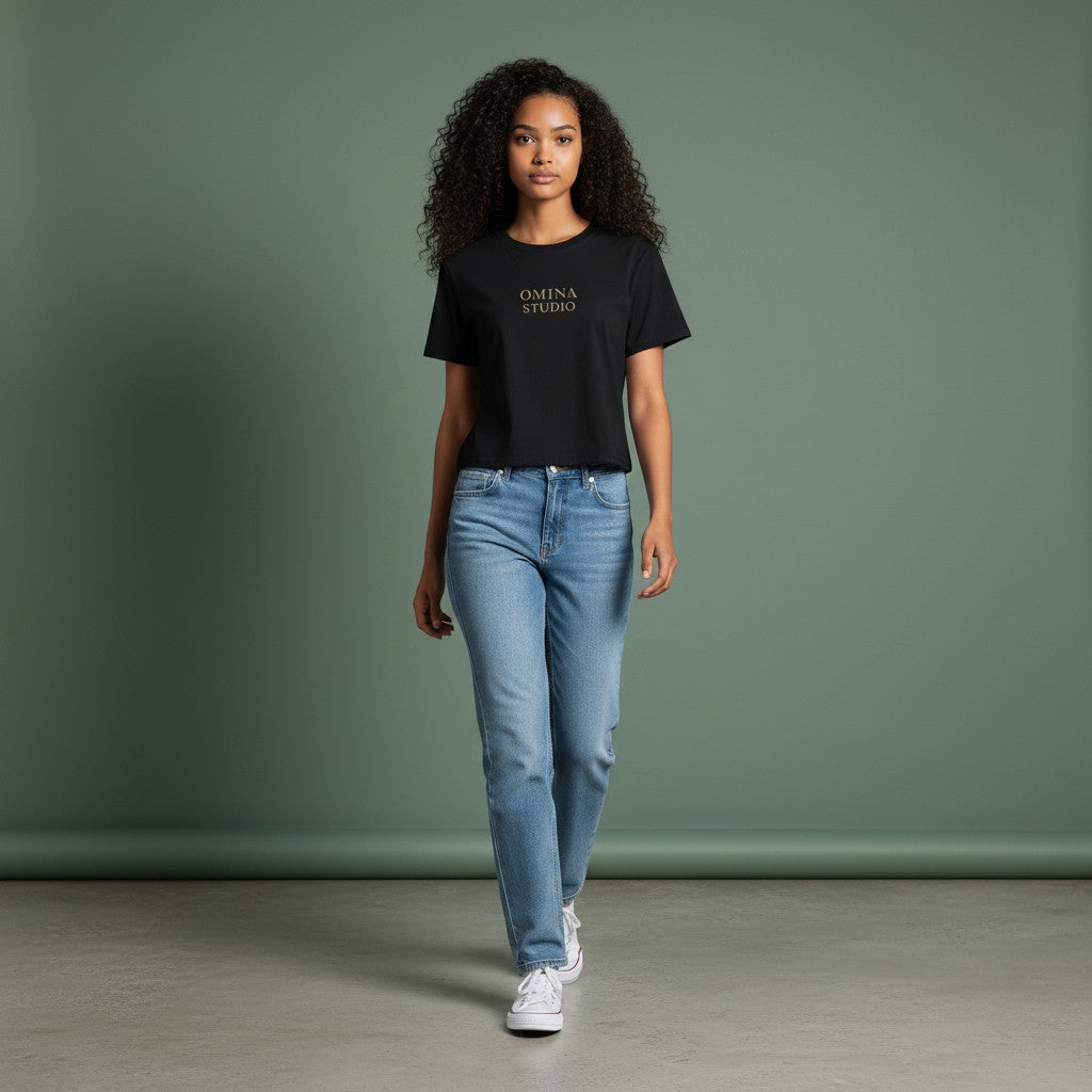 Omina Studio black cotton blend crewneck t-shirt with "Faith Over Fear" graphic concept. Fitted cropped silhouette.
