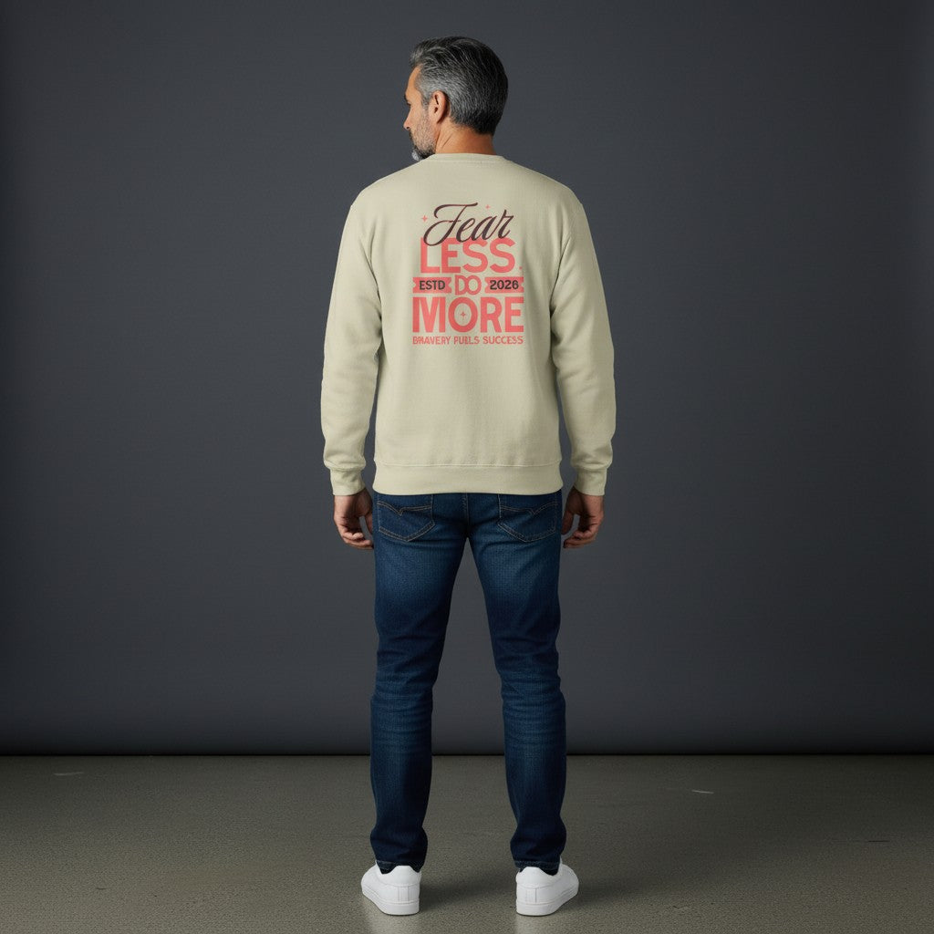 Man wearing Omina beige heavyweight cotton long sleeve shirt with Fear Less Do More graphic print on the back.