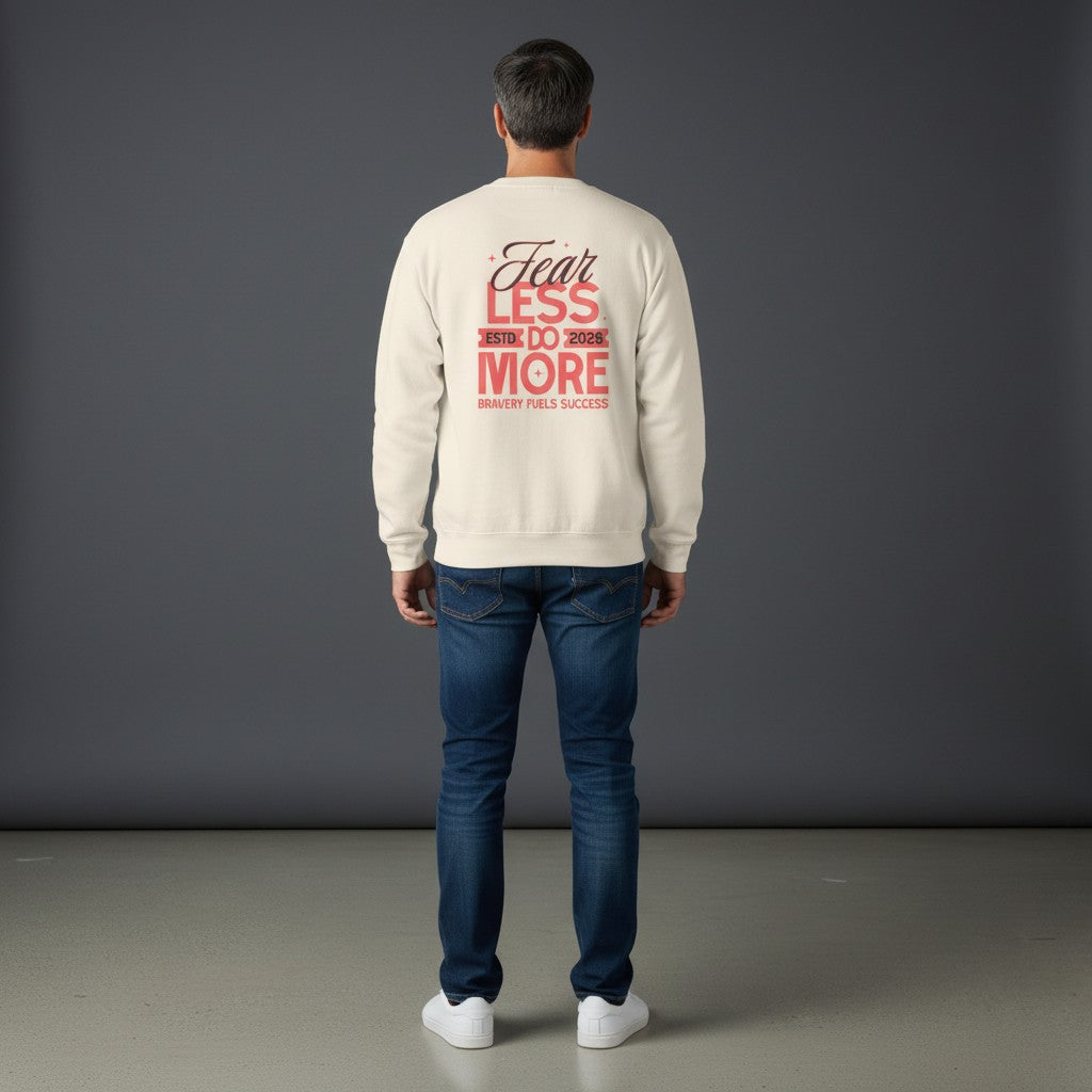 Man wearing Omina cream long sleeve shirt with Fear Less Do More graphic print on back, paired with blue jeans.