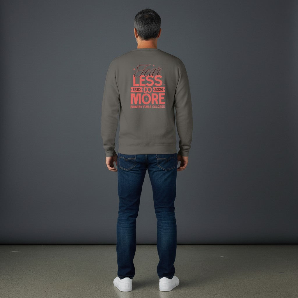 Man wearing Omina grey heavyweight cotton long sleeve shirt with Fear Less Do More graphic print on the back.