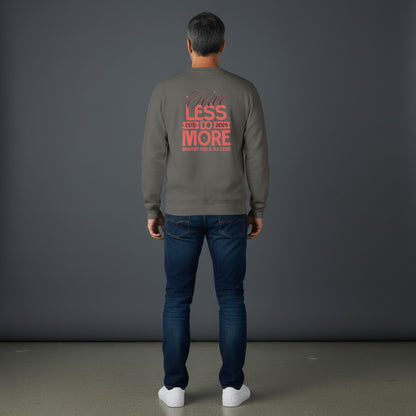 Man wearing Omina grey heavyweight cotton long sleeve shirt with Fear Less Do More graphic print on the back.