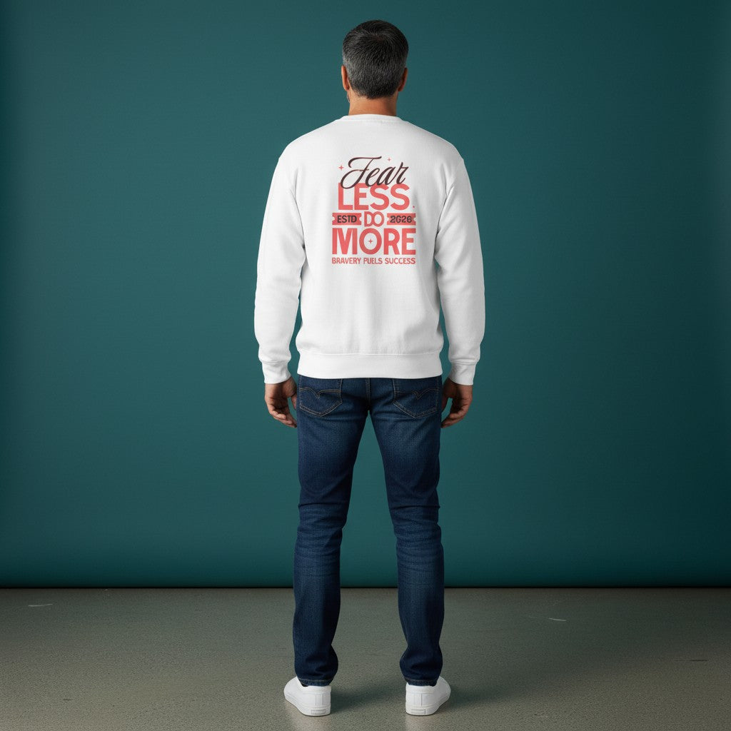 Man wearing Omina white heavyweight cotton long sleeve shirt with Fear Less Do More graphic print on the back.