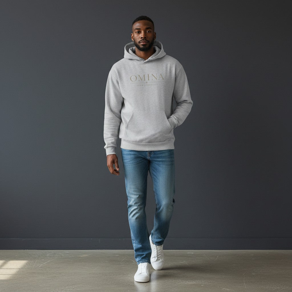 Omina light grey cotton blend hoodie with "OMINA FORM / IDENTITY" graphic print on chest.