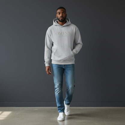 Omina light grey cotton blend hoodie with "OMINA FORM / IDENTITY" graphic print on chest.
