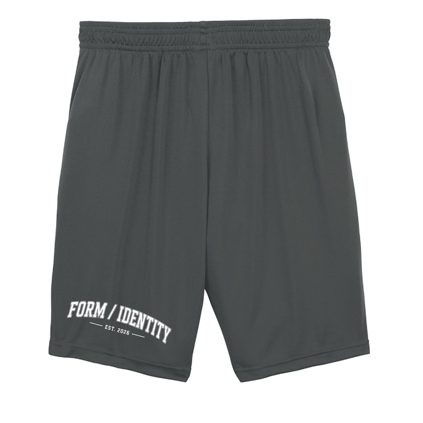 Omina Kids Youth Form / Identity shorts in dark grey with an elastic waistband and white text graphic on the left leg.