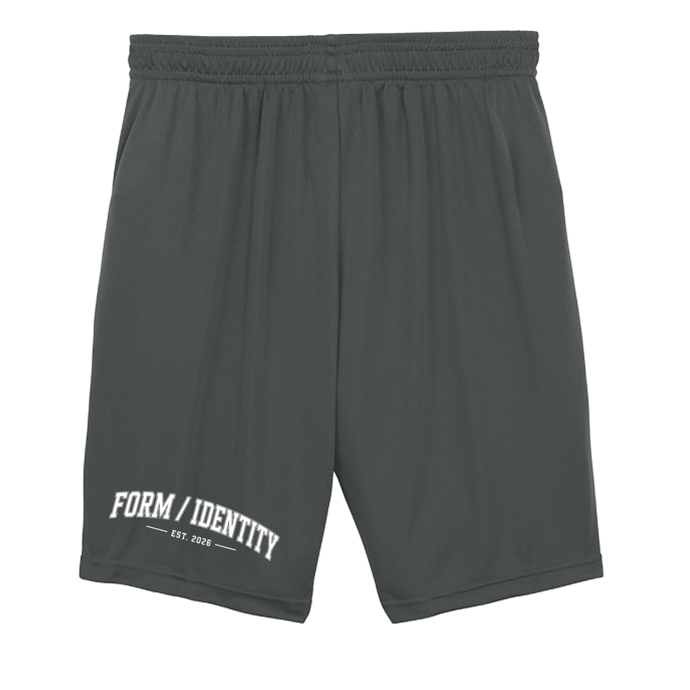 Omina Kids Youth Form / Identity shorts in dark grey with an elastic waistband and white text graphic on the left leg.