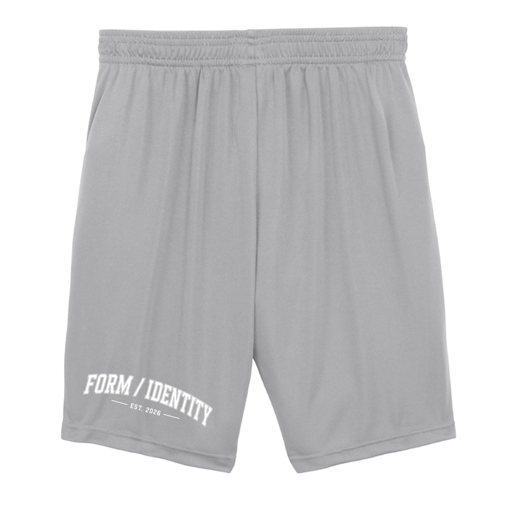 Omina Kids Youth Form / Identity shorts in light grey with an elastic waistband and white graphic text.
