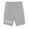 Omina Kids Youth Form / Identity shorts in light grey with an elastic waistband and white graphic text.