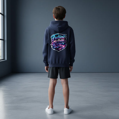 Omina navy blue youth full zip hoodie with "Future In Motion" graphic featuring a futuristic car and planets.