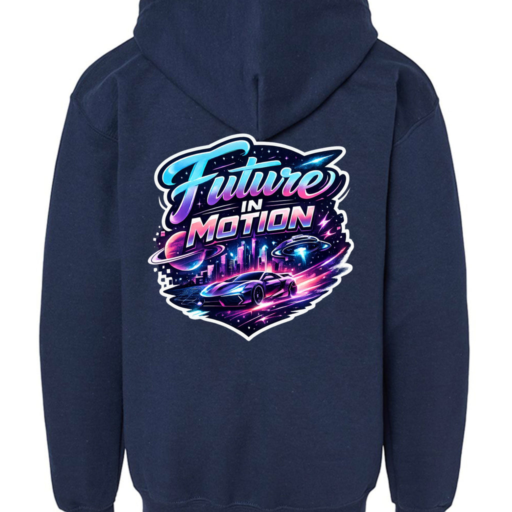 Omina navy blue youth full zip hoodie with "Future In Motion" graphic featuring a futuristic car and planets.