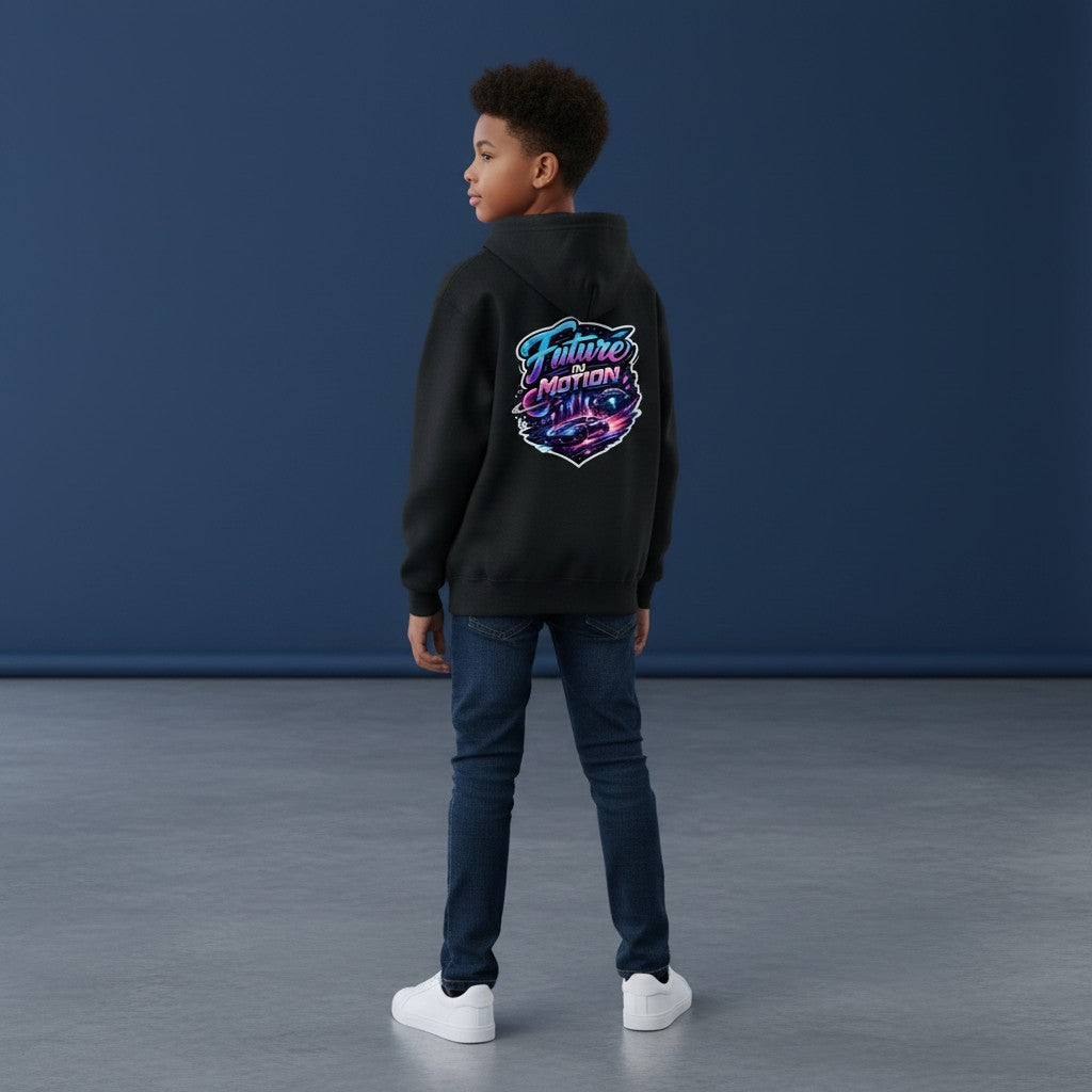 Omina black youth full zip hoodie with "Future In Motion" graphic featuring a futuristic car, city, and UFOs.