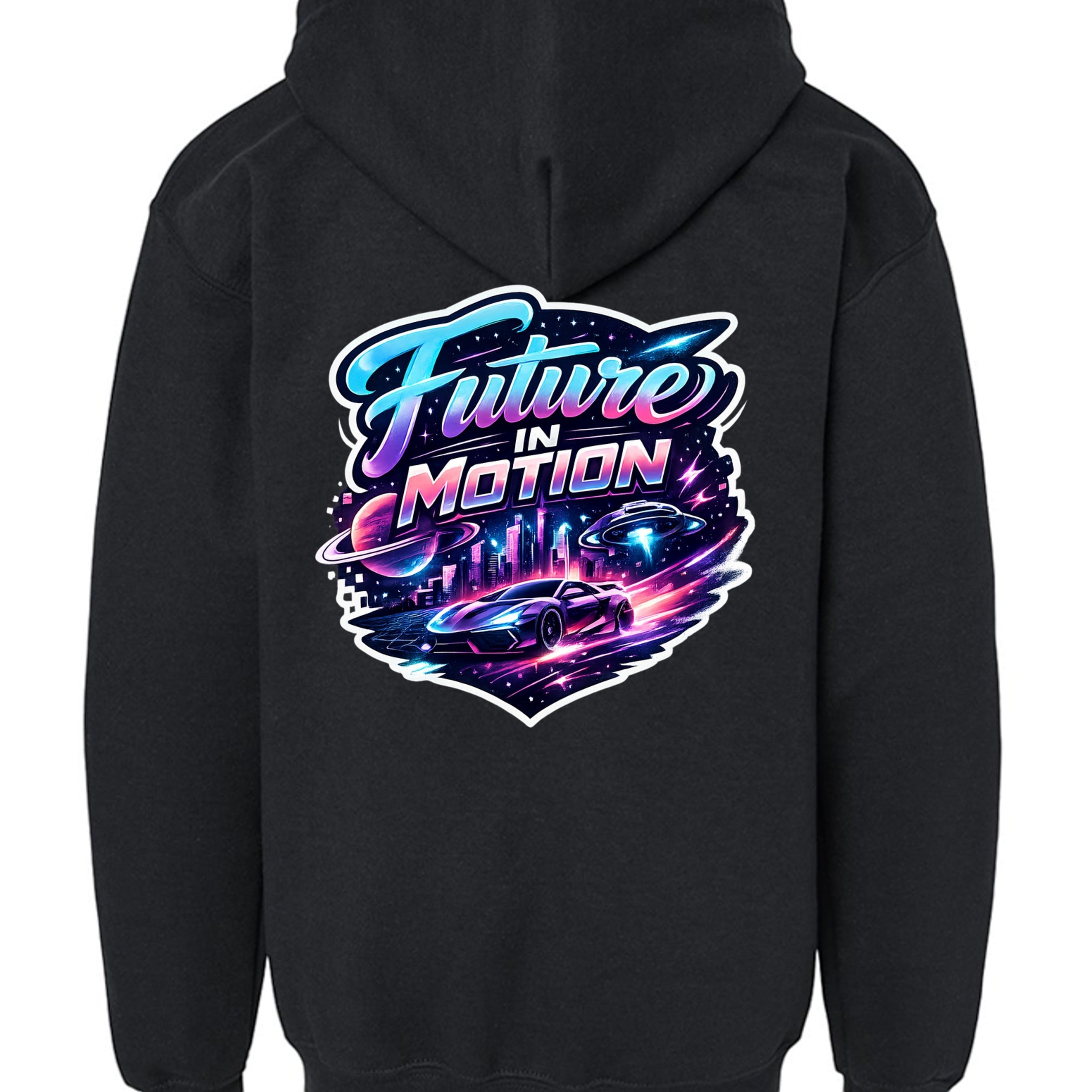 Omina black youth full zip hoodie with "Future In Motion" graphic featuring a futuristic car, city, and UFOs.