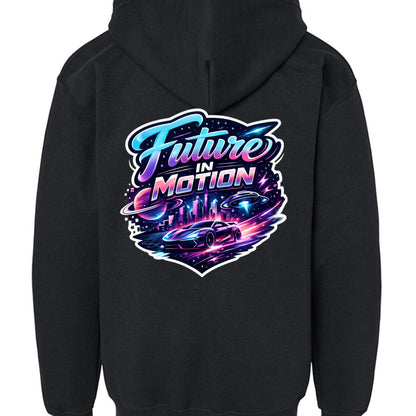 Omina black youth full zip hoodie with "Future In Motion" graphic featuring a futuristic car, city, and UFOs.