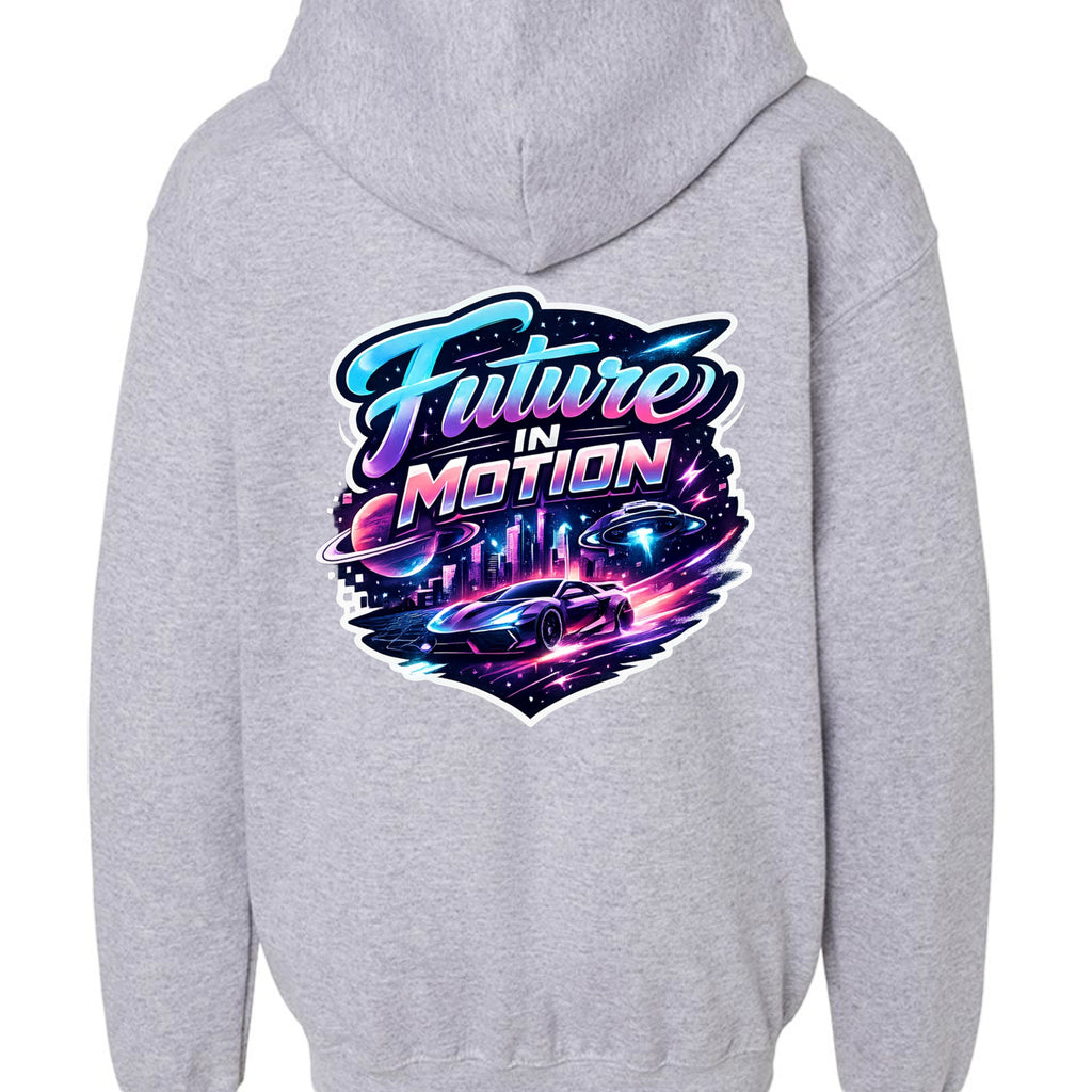 Omina grey youth full zip hoodie with a vibrant "Future In Motion" graphic on the back featuring a futuristic car, cityscape, and UFOs.