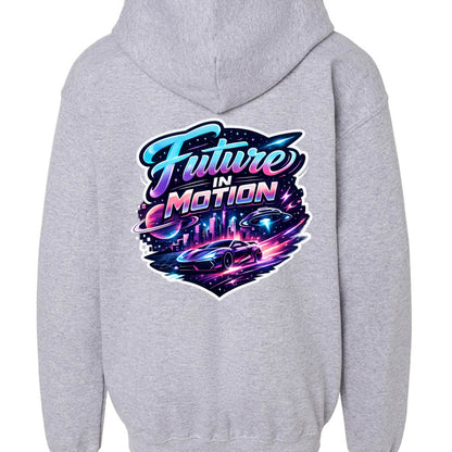 Omina grey youth full zip hoodie with a vibrant "Future In Motion" graphic on the back featuring a futuristic car, cityscape, and UFOs.