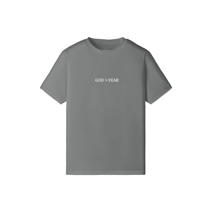 Omina heavyweight grey cotton t-shirt featuring God > Fear text graphic on the chest in a relaxed crew neck fit.