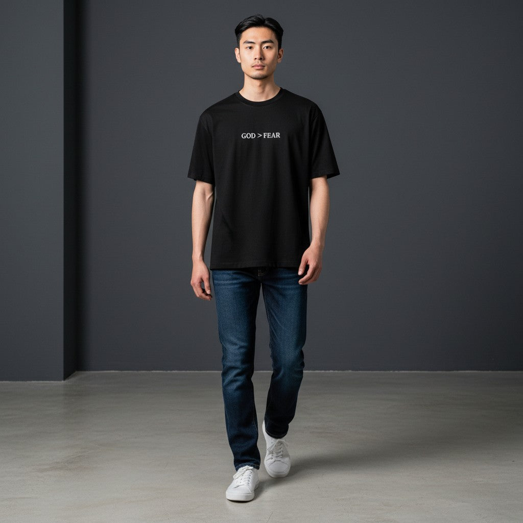 Model wearing a black Omina heavyweight cotton t-shirt with God > Fear text print, styled with blue jeans.