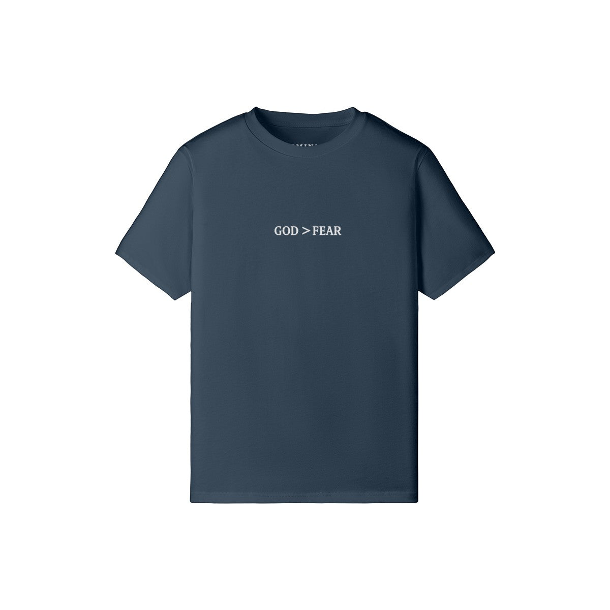 Omina heavyweight navy blue cotton crew neck t-shirt with white God > Fear text graphic on the chest.