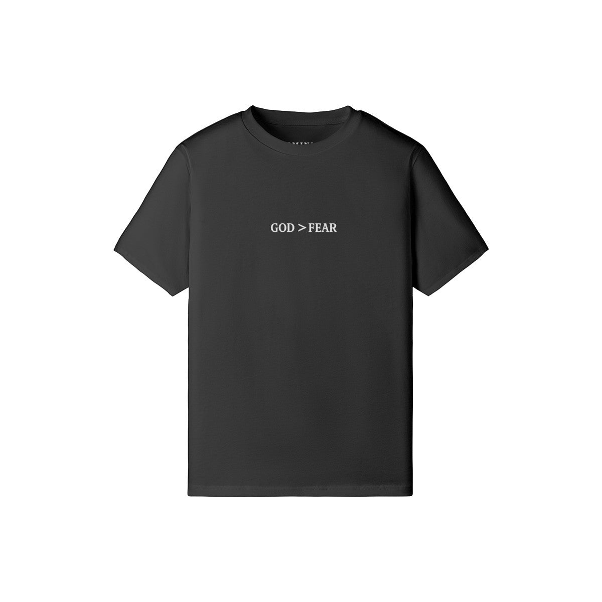 Omina black heavyweight cotton crew neck t-shirt with white God > Fear text graphic on the chest.